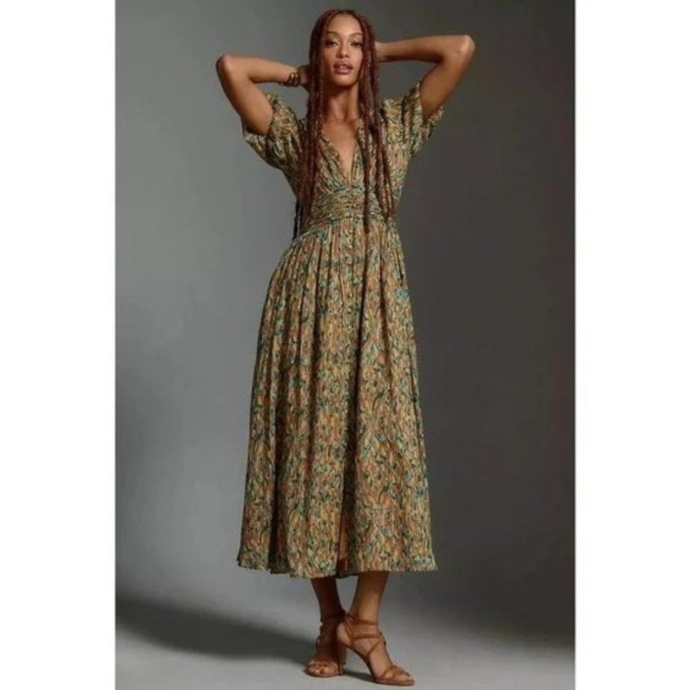 Anthropologie Olive Floral Midi Dress with Teal Accents